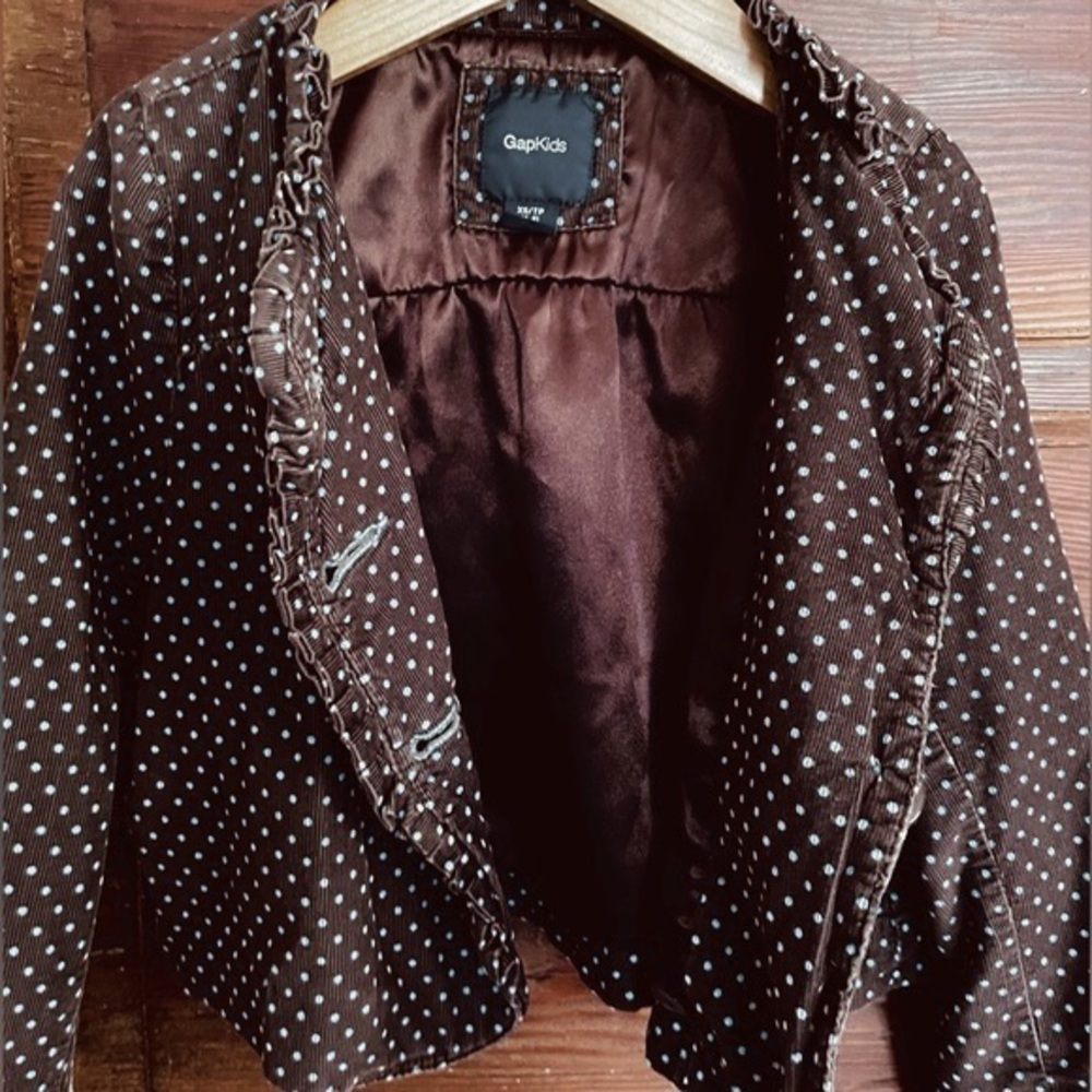 Gap Corduroy Jacket, Ruffle Trim, Brown & Blue Polka Dots, Satin-Lined